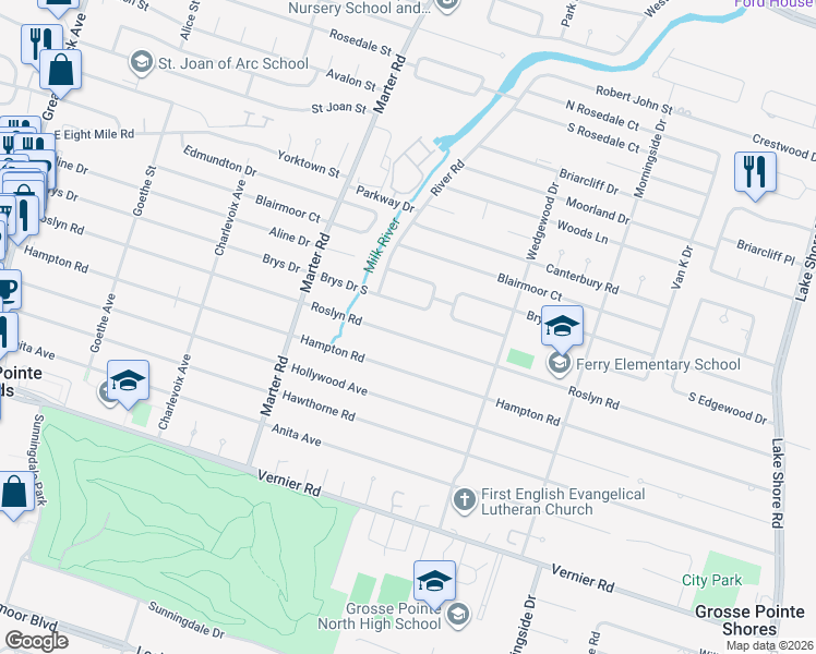 map of restaurants, bars, coffee shops, grocery stores, and more near 1031 Brys Drive South in Grosse Pointe Woods