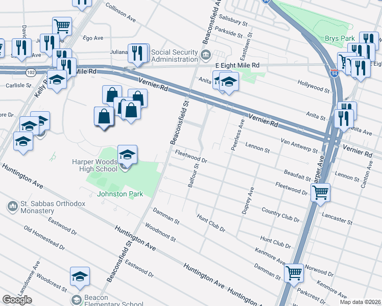 map of restaurants, bars, coffee shops, grocery stores, and more near 19670 Fleetwood Drive in Harper Woods