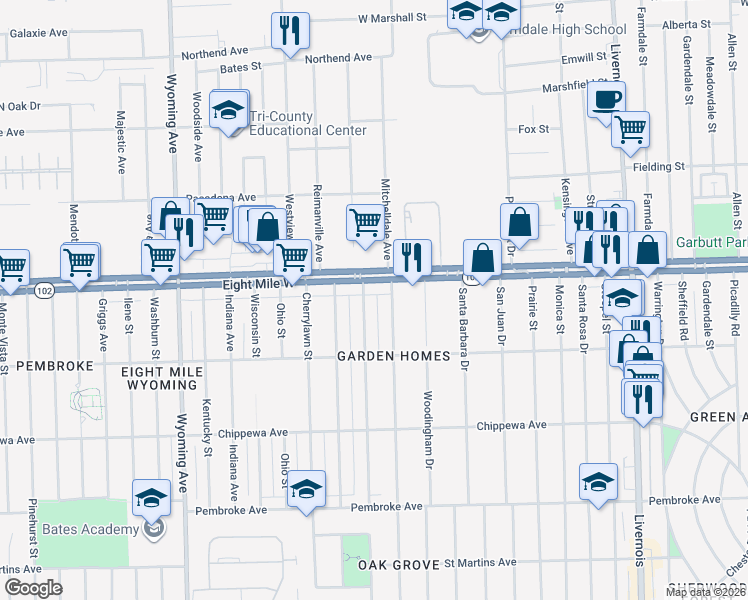map of restaurants, bars, coffee shops, grocery stores, and more near 8101 Eight Mile Road in Detroit