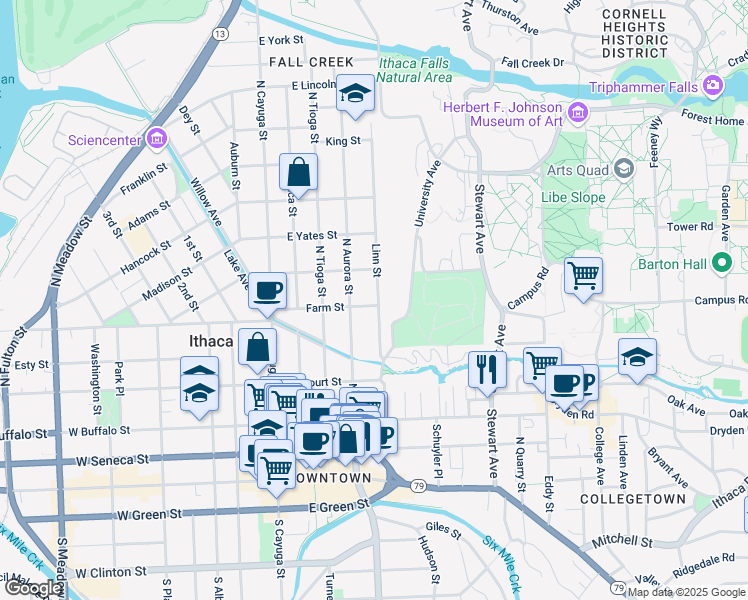 map of restaurants, bars, coffee shops, grocery stores, and more near 314 Farm Street in Ithaca