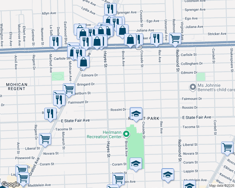 map of restaurants, bars, coffee shops, grocery stores, and more near 15260 Eastburn Street in Detroit