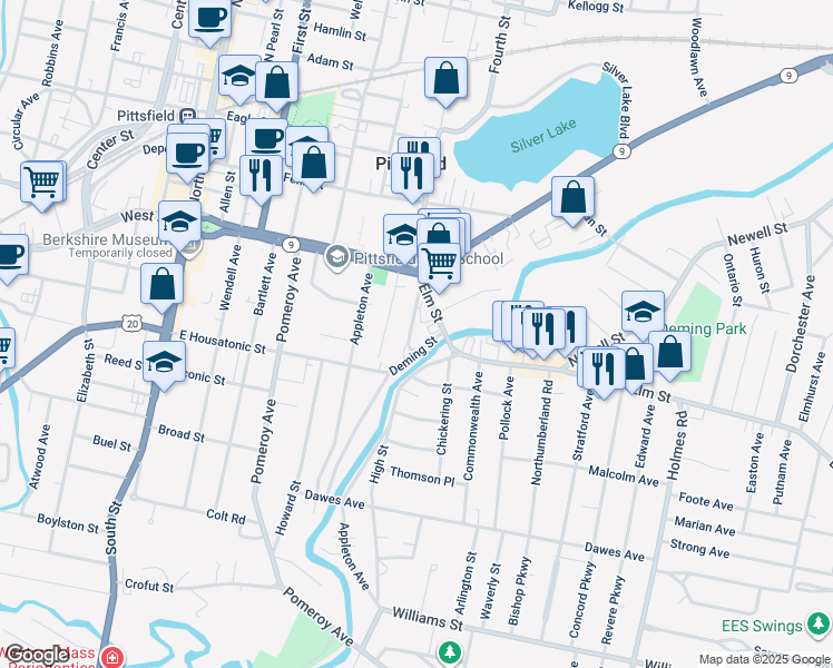 map of restaurants, bars, coffee shops, grocery stores, and more near 37 Gordon Street in Pittsfield