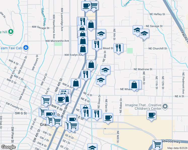 map of restaurants, bars, coffee shops, grocery stores, and more near 231 Northeast School Street in Grants Pass
