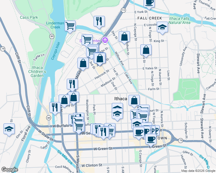 map of restaurants, bars, coffee shops, grocery stores, and more near 202-04 3rd Street in Ithaca