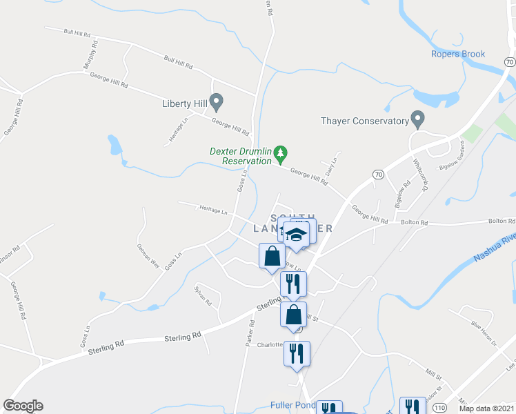 map of restaurants, bars, coffee shops, grocery stores, and more near 105 Prescott Street in Lancaster