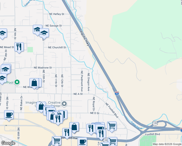 map of restaurants, bars, coffee shops, grocery stores, and more near 1417 Northeast Heritage Drive in Grants Pass