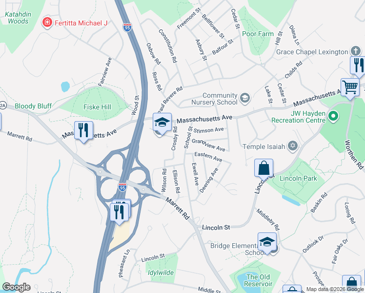map of restaurants, bars, coffee shops, grocery stores, and more near 26 School Street in Lexington