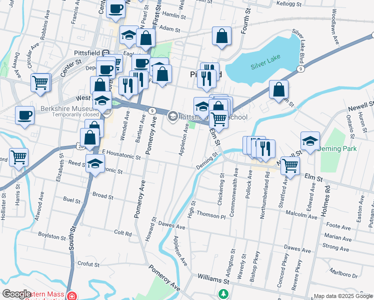 map of restaurants, bars, coffee shops, grocery stores, and more near 40 Copley Terrace in Pittsfield