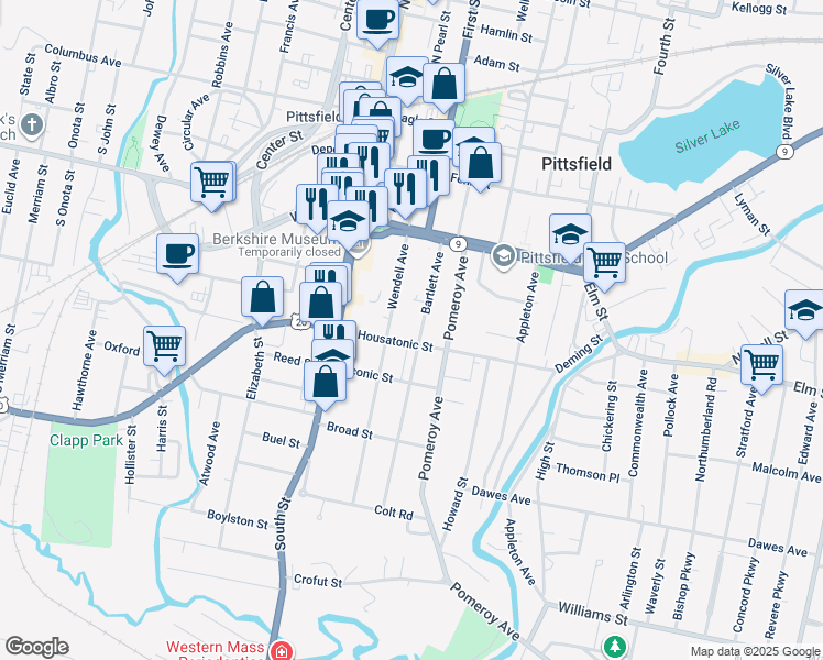 map of restaurants, bars, coffee shops, grocery stores, and more near 63 Wendell Avenue in Pittsfield