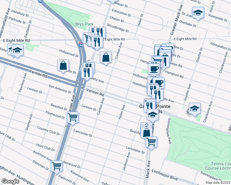 map of restaurants, bars, coffee shops, grocery stores, and more near 2200 Vernier Road in Grosse Pointe Woods