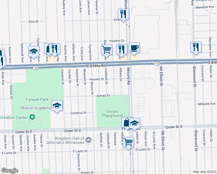 map of restaurants, bars, coffee shops, grocery stores, and more near 20280 Caldwell Street in Detroit