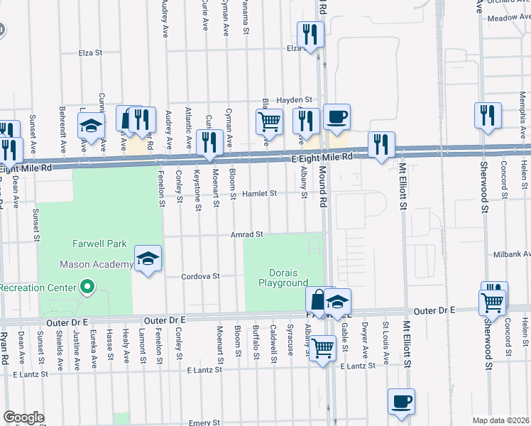 map of restaurants, bars, coffee shops, grocery stores, and more near 20280 Caldwell Street in Detroit