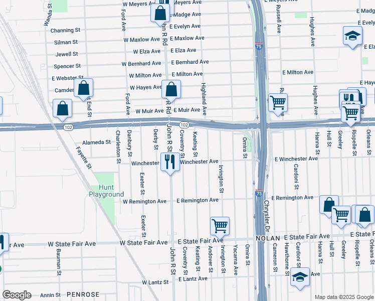 map of restaurants, bars, coffee shops, grocery stores, and more near 20458 Coventry Street in Highland Park