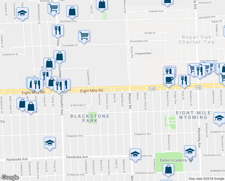 map of restaurants, bars, coffee shops, grocery stores, and more near 12911 West 8 Mile Road in Detroit