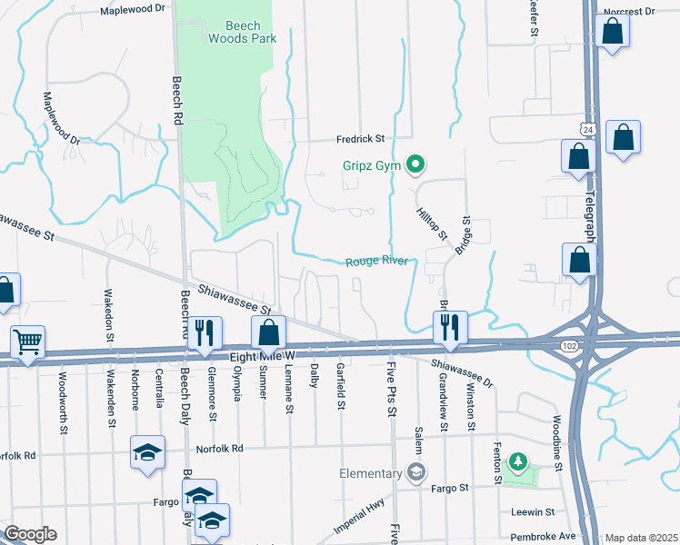 map of restaurants, bars, coffee shops, grocery stores, and more near 25364 Shiawassee Circle in Southfield