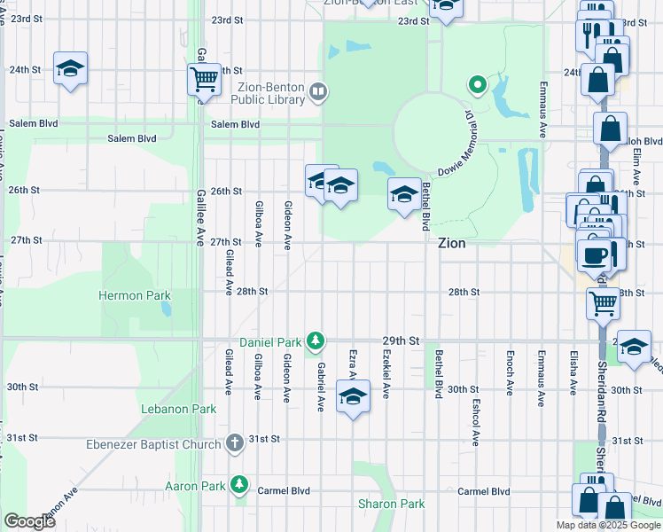 map of restaurants, bars, coffee shops, grocery stores, and more near 1911 27th Street in Zion