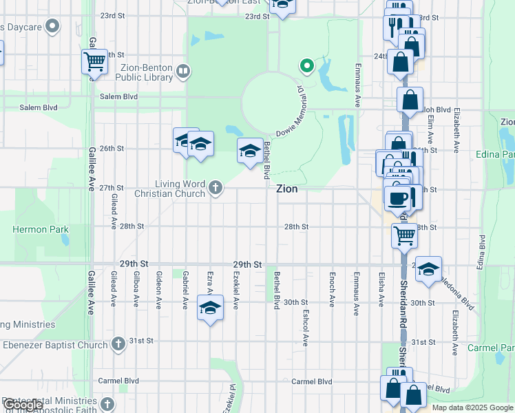 map of restaurants, bars, coffee shops, grocery stores, and more near 2716 Bethel Boulevard in Zion