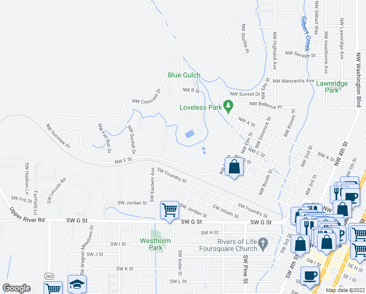 map of restaurants, bars, coffee shops, grocery stores, and more near 236 Northwest Canyon View Drive in Grants Pass