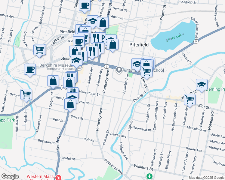 map of restaurants, bars, coffee shops, grocery stores, and more near 30 Weston Street in Pittsfield