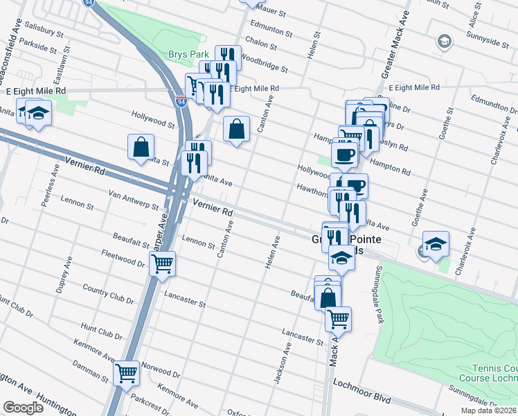 map of restaurants, bars, coffee shops, grocery stores, and more near 2200 Vernier Road in Grosse Pointe Woods