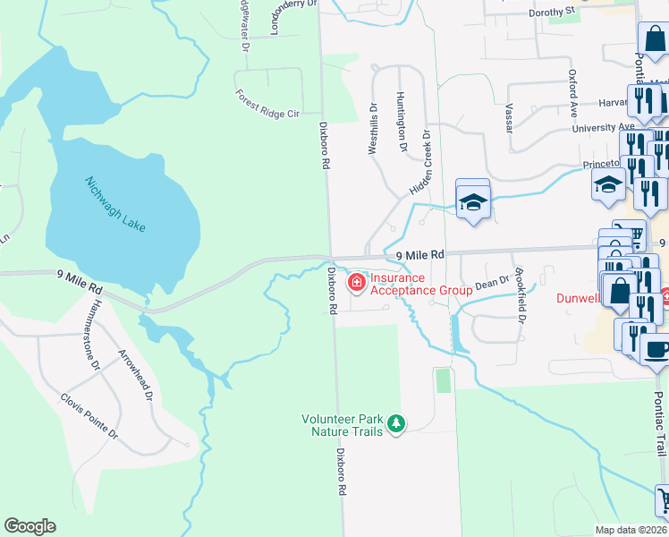 map of restaurants, bars, coffee shops, grocery stores, and more near 22390 Dixboro Road in South Lyon