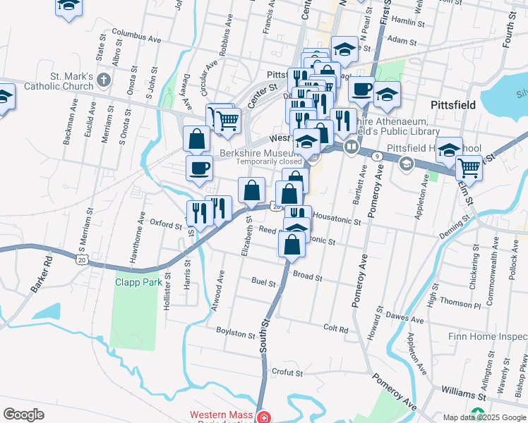 map of restaurants, bars, coffee shops, grocery stores, and more near 60 Noble Avenue in Pittsfield