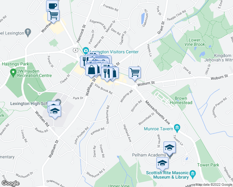 map of restaurants, bars, coffee shops, grocery stores, and more near 30 Vine Brook Road in Lexington