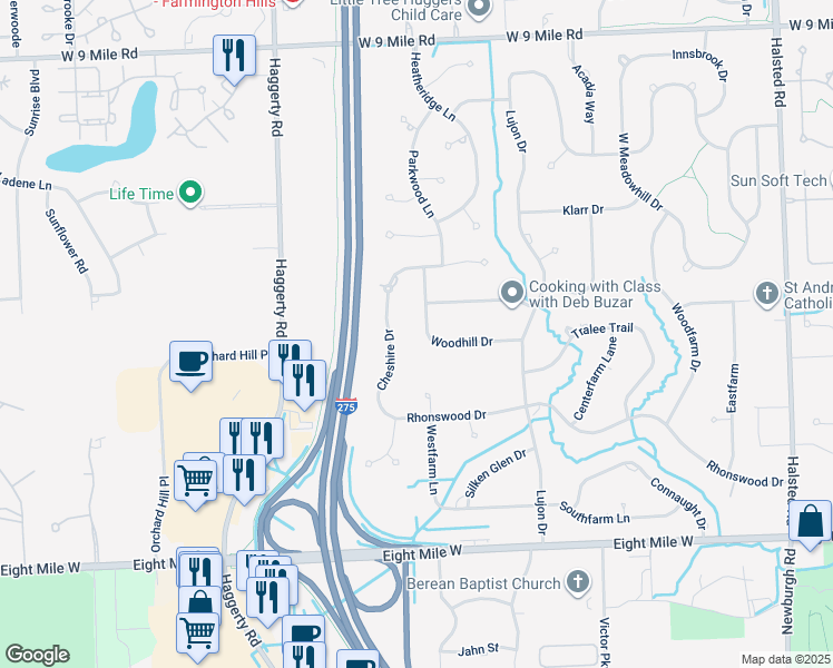 map of restaurants, bars, coffee shops, grocery stores, and more near 21325 Woodhill Drive in Northville