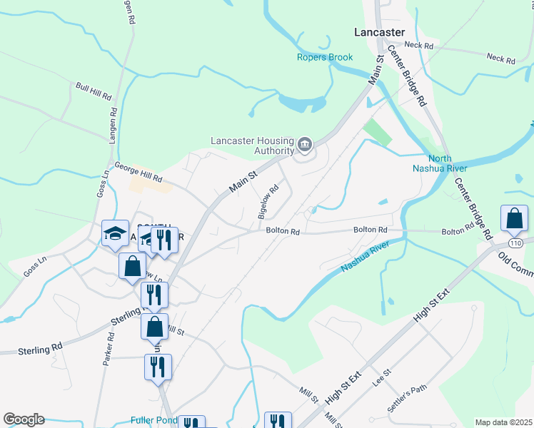 map of restaurants, bars, coffee shops, grocery stores, and more near 38 Bigelow Road in Lancaster