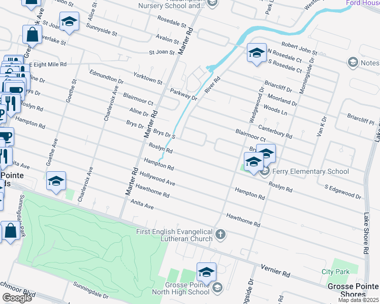 map of restaurants, bars, coffee shops, grocery stores, and more near 1031 Brys Drive South in Grosse Pointe Woods