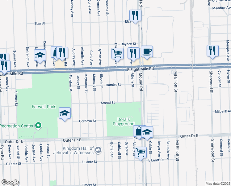 map of restaurants, bars, coffee shops, grocery stores, and more near 20280 Caldwell Street in Detroit