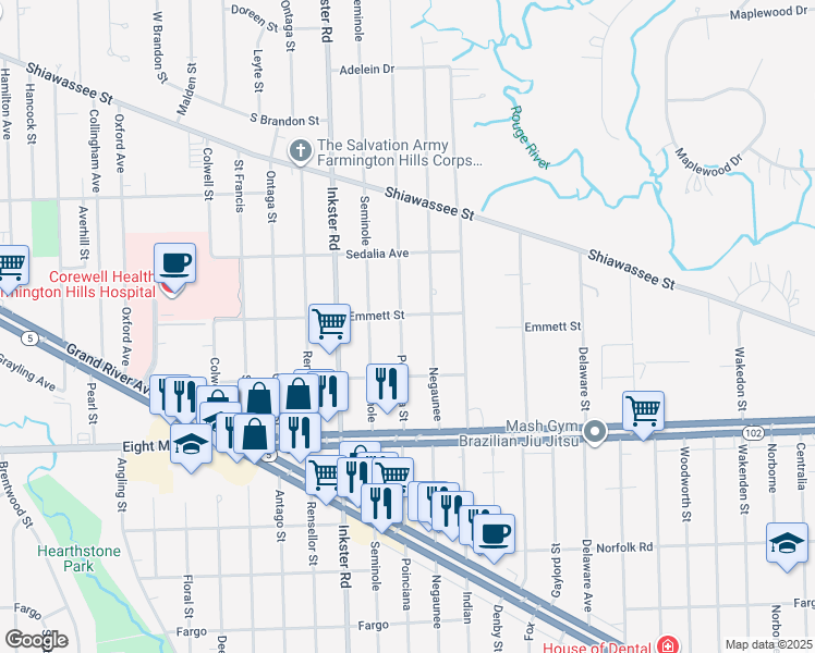 map of restaurants, bars, coffee shops, grocery stores, and more near 21006 Poinciana Street in Southfield