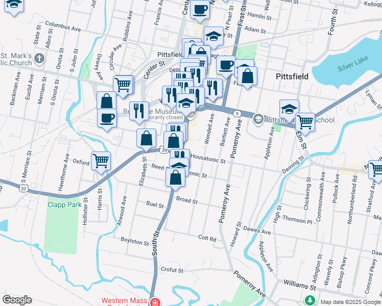 map of restaurants, bars, coffee shops, grocery stores, and more near 139 South Street in Pittsfield