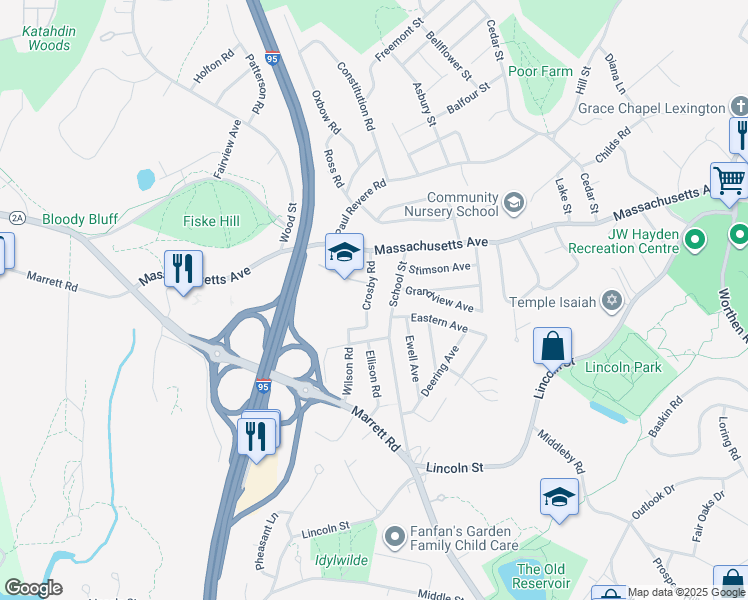 map of restaurants, bars, coffee shops, grocery stores, and more near 10 Crosby Road in Lexington