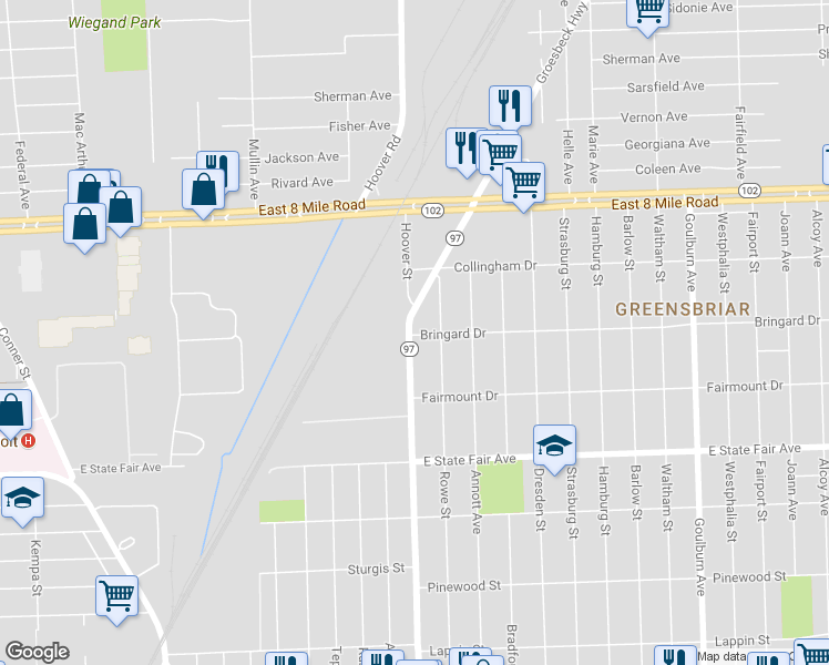 map of restaurants, bars, coffee shops, grocery stores, and more near 20201 Hoover Street in Detroit
