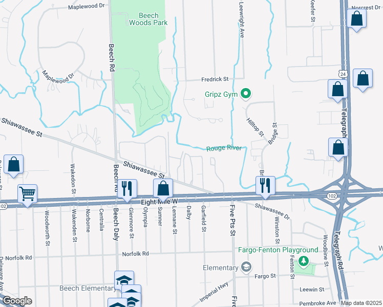 map of restaurants, bars, coffee shops, grocery stores, and more near 25364 Shiawassee Circle in Southfield