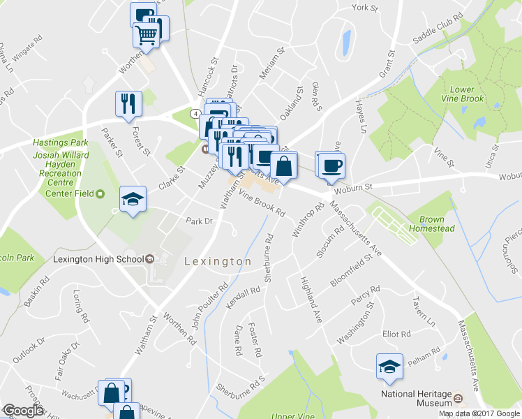 map of restaurants, bars, coffee shops, grocery stores, and more near 19 Vine Brook Road in Lexington