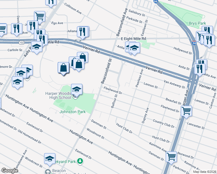 map of restaurants, bars, coffee shops, grocery stores, and more near 19617 Fleetwood Drive in Harper Woods