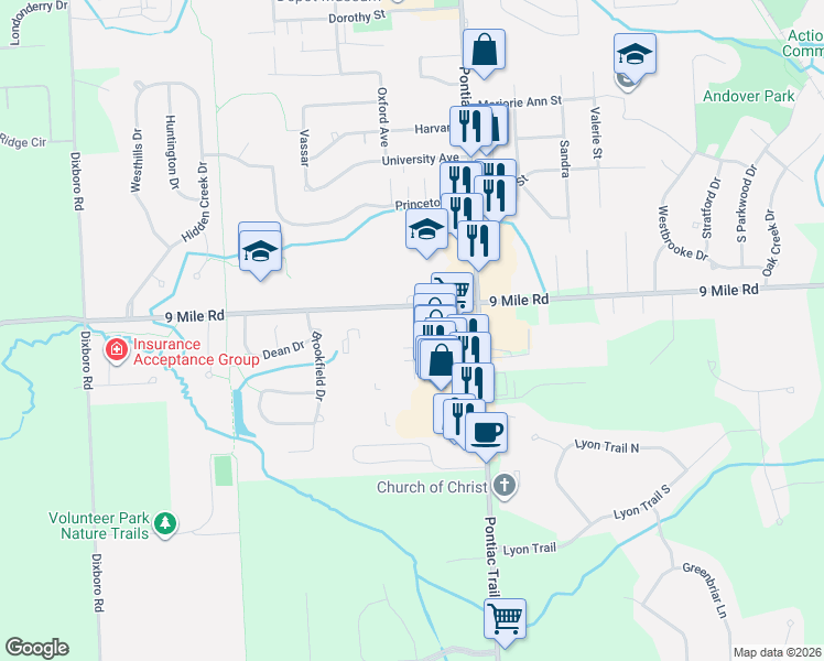 map of restaurants, bars, coffee shops, grocery stores, and more near 22250 Swan Street in South Lyon
