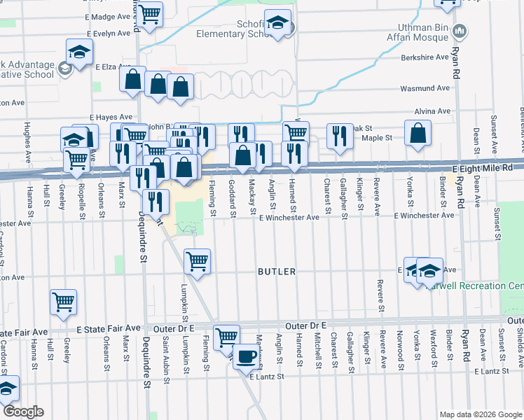 map of restaurants, bars, coffee shops, grocery stores, and more near 20420 Mackay Street in Detroit