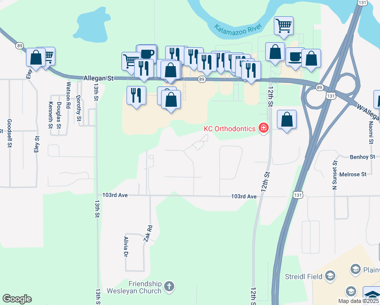 map of restaurants, bars, coffee shops, grocery stores, and more near 535 Cross Oaks Drive in Plainwell