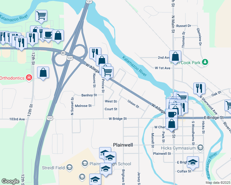 map of restaurants, bars, coffee shops, grocery stores, and more near 201 Cottage Street in Plainwell