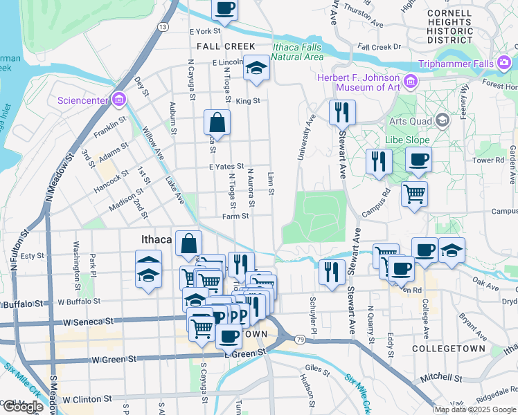 map of restaurants, bars, coffee shops, grocery stores, and more near 505 North Aurora Street in Ithaca