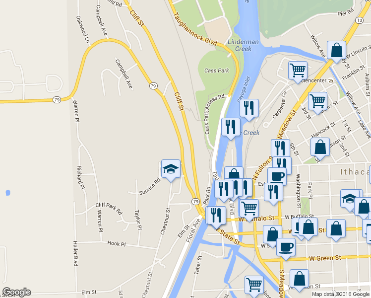 map of restaurants, bars, coffee shops, grocery stores, and more near 325 Hector St in Ithaca