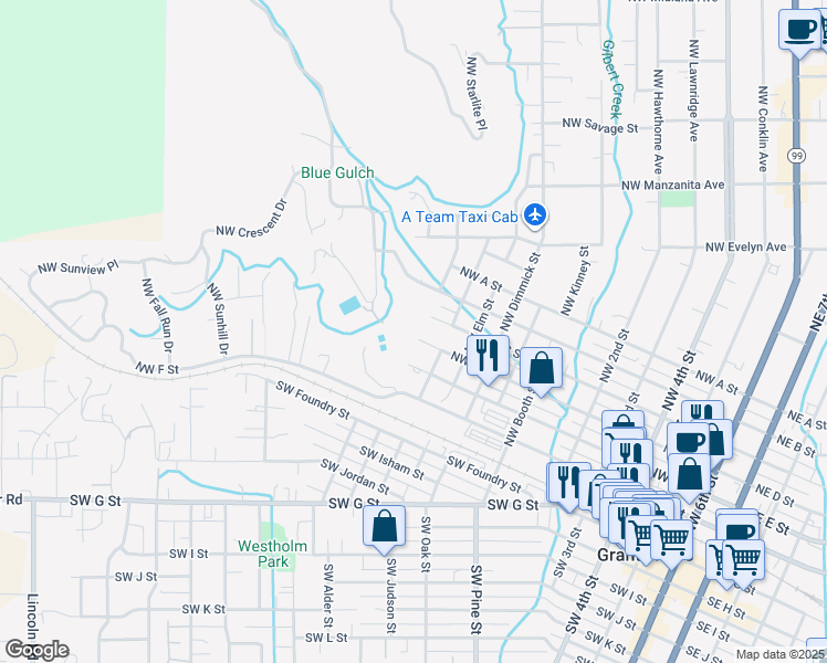 map of restaurants, bars, coffee shops, grocery stores, and more near 1210 Northwest D Street in Grants Pass