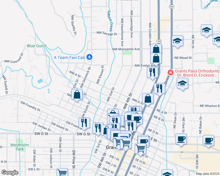 map of restaurants, bars, coffee shops, grocery stores, and more near 510 Northwest A Street in Grants Pass