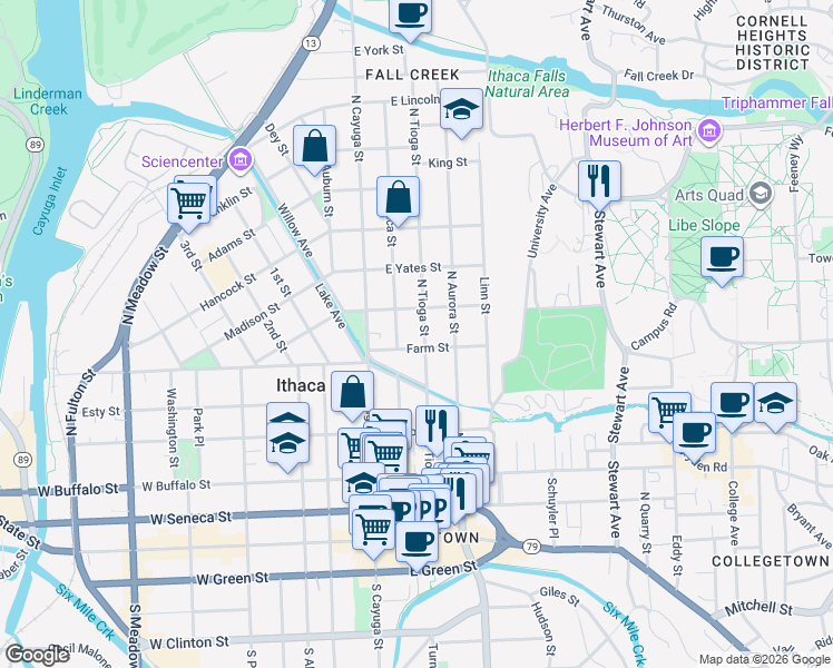 map of restaurants, bars, coffee shops, grocery stores, and more near 507 North Tioga Street in Ithaca