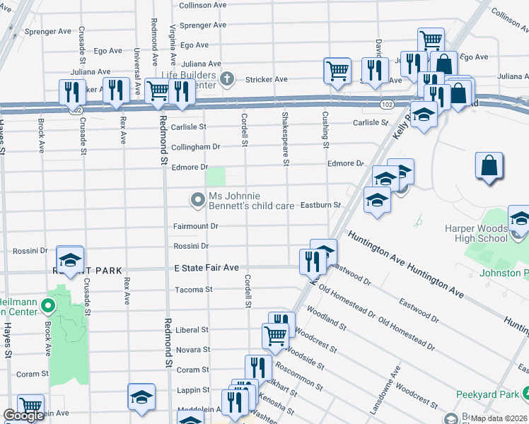 map of restaurants, bars, coffee shops, grocery stores, and more near 16452 Eastburn Street in Detroit