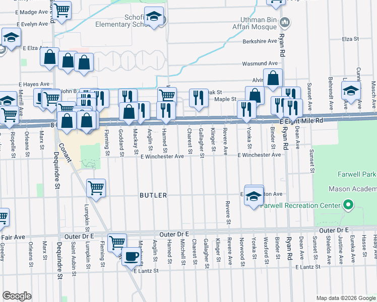 map of restaurants, bars, coffee shops, grocery stores, and more near 20418 Charest Street in Detroit