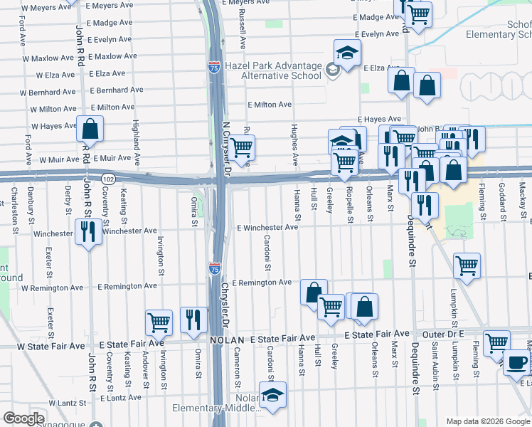 map of restaurants, bars, coffee shops, grocery stores, and more near 20445 Cardoni Street in Highland Park